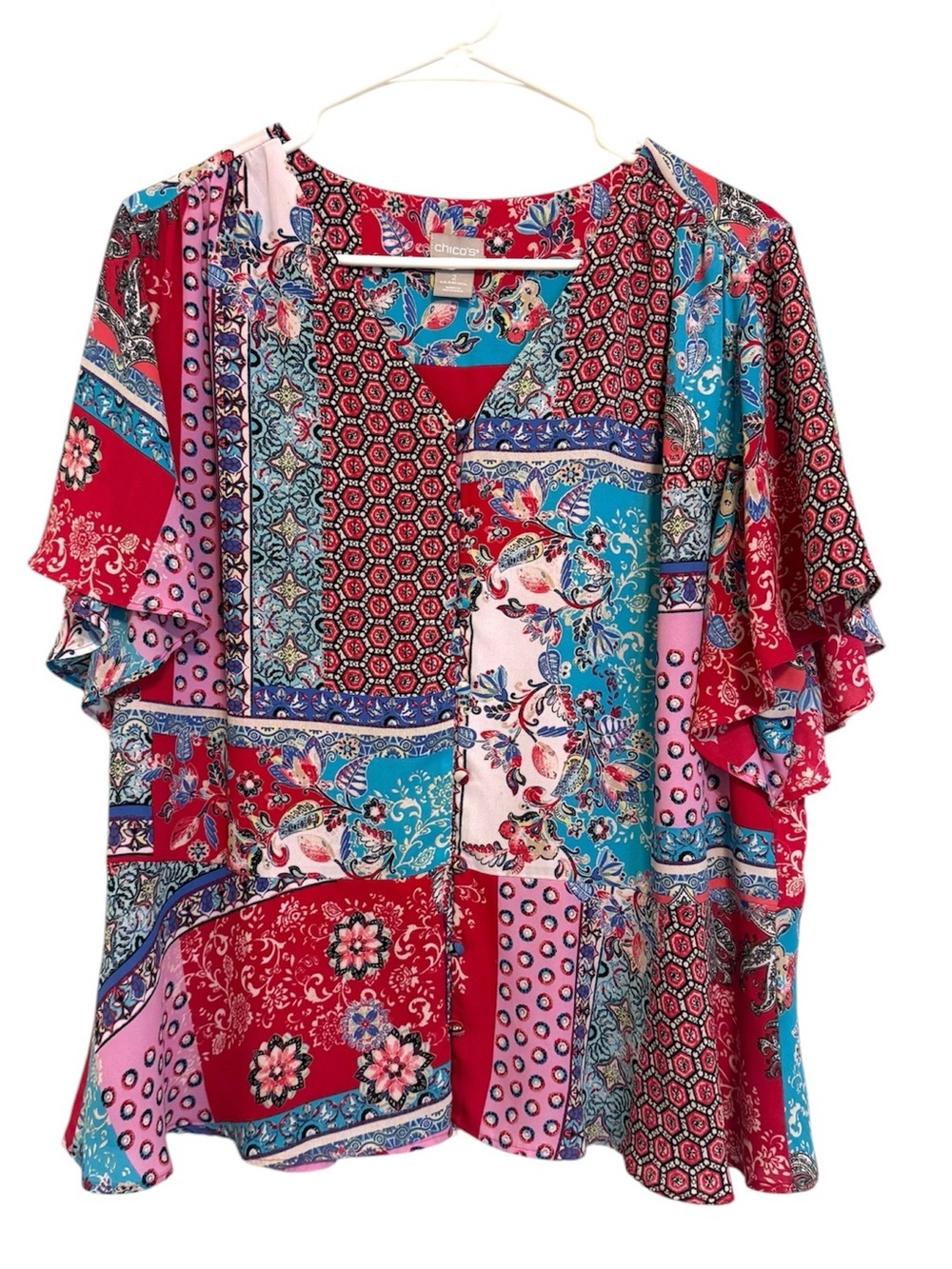 2/$30 Chico’s Size 2 Patchwork Floral Button Front Flutter Sleeve Blouse Top